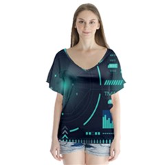 Sci Fi Computer Screen V-neck Flutter Sleeve Top by Uceng