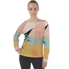 Leaves Pattern Design Colorful Off Shoulder Long Sleeve Velour Top by Uceng