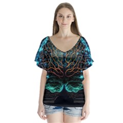 Brain Mind Technology Circuit Board Layout Patterns V-neck Flutter Sleeve Top by Uceng