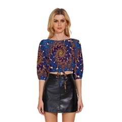 Fractal Spiral Art Pattern Blue Design Mid Sleeve Drawstring Hem Top by Ravend