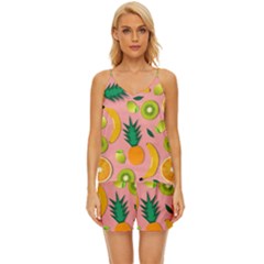 Fruits Tropical Pattern Design Art V-neck Satin Pajamas Set by Ravend
