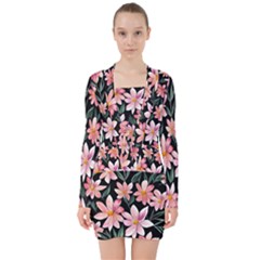 Classy Botanicals – Watercolor Flowers Botanical V-neck Bodycon Long Sleeve Dress by GardenOfOphir