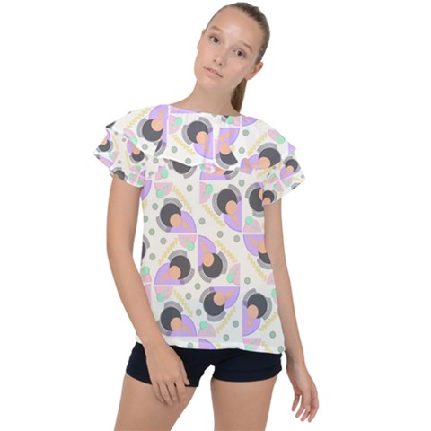 Pattern Pastel Drawing Art Ruffle Collar Chiffon Blouse by Ravend