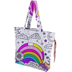 Rainbow Fun Cute Minimal Doodle Drawing Art Drawstring Tote Bag by Ravend
