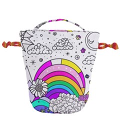 Rainbow Fun Cute Minimal Doodle Drawing Art Drawstring Bucket Bag by Ravend