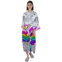 Rainbow Fun Cute Minimal Doodle Drawing Art Maxi Satin Kimono by Ravend
