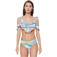 Rainbow Fun Cute Minimal Doodle Drawing Arts Ruffle Edge Tie Up Bikini Set	 by Ravend