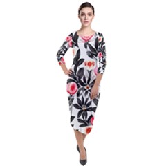 Beautiful Elegant Botanical Flowers Quarter Sleeve Midi Velour Bodycon Dress by GardenOfOphir