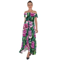 Attractive Watercolor Flowers Off Shoulder Open Front Chiffon Dress by GardenOfOphir