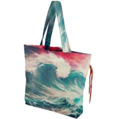Storm Tsunami Waves Ocean Sea Nautical Nature Painting Drawstring Tote Bag by Ravend