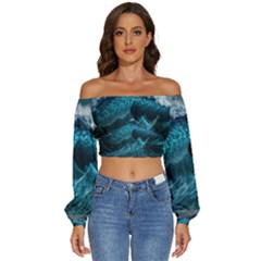 Tsunami Waves Ocean Sea Water Rough Seas 6 Long Sleeve Crinkled Weave Crop Top by Ravend