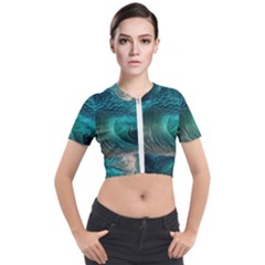 Tsunami Waves Ocean Sea Water Rough Seas 2 Short Sleeve Cropped Jacket by Ravend