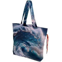Tsunami Waves Ocean Sea Water Rough Seas 5 Drawstring Tote Bag by Ravend