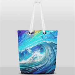 Tsunami Waves Ocean Sea Nautical Nature Water Painting Full Print Rope Handle Tote (small) by Ravend