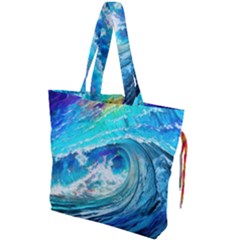Tsunami Waves Ocean Sea Nautical Nature Water Painting Drawstring Tote Bag by Ravend