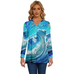 Tsunami Waves Ocean Sea Nautical Nature Water Painting Long Sleeve Drawstring Hooded Top by Ravend