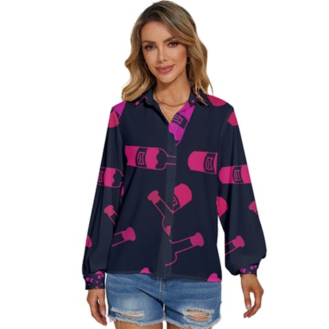 Wine Wine Bottles Background Graphic Women s Long Sleeve Button Down Shirt by Ravend