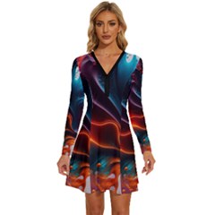 Ai Generated Swirl Splash Blaze Design Art Long Sleeve Deep V Mini Dress  by Ravend