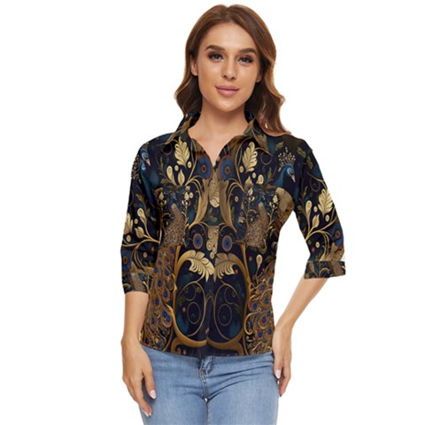 Peacock Plumage Bird Decorative Pattern Graceful Women s Quarter Sleeve Pocket Shirt by Ravend