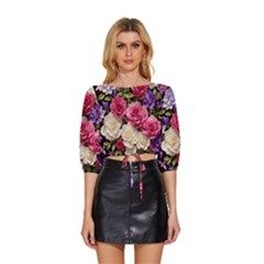 Ai Generated Roses Flowers Petals Bouquet Wedding Mid Sleeve Drawstring Hem Top by Ravend