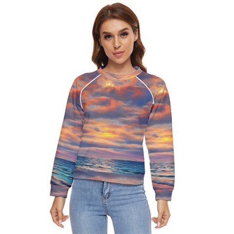 Serene Sunset Over Beach Women s Long Sleeve Raglan Tee by GardenOfOphir