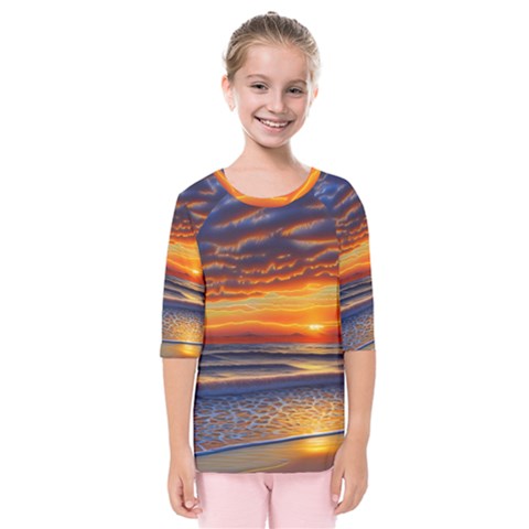 Nature s Sunset Over Beach Kids  Quarter Sleeve Raglan Tee by GardenOfOphir