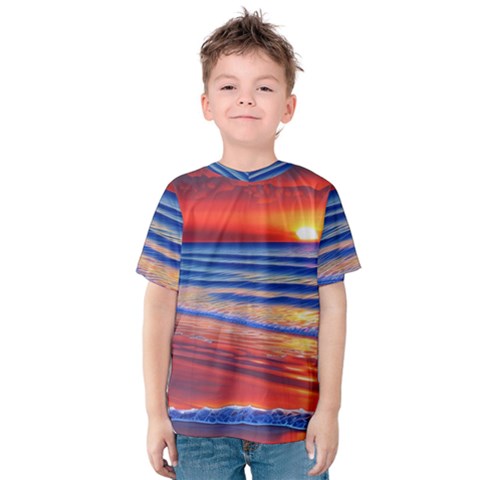 Golden Sunset Over Beach Kids  Cotton Tee by GardenOfOphir