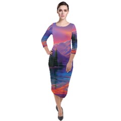 Magnificent Sunset Quarter Sleeve Midi Velour Bodycon Dress by GardenOfOphir
