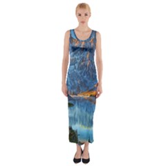 Majestic Lake Landscape Fitted Maxi Dress by GardenOfOphir
