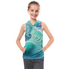 Pink Sky Blue Ocean Waves Kids  Sleeveless Hoodie by GardenOfOphir