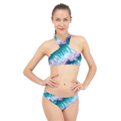 Summer Waves In Pink Iii High Neck Bikini Set by GardenOfOphir