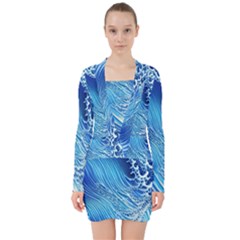 Wave Beach Iii V-neck Bodycon Long Sleeve Dress by GardenOfOphir