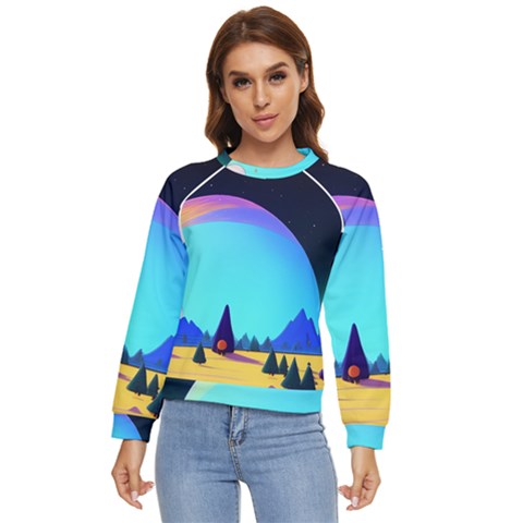 Ai Generated Trees Stars Planets Dreamlike Sun Women s Long Sleeve Raglan Tee by Ravend