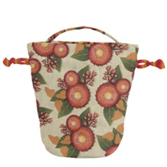 Flowers Leaves Pattern Flora Botany Drawing Art Drawstring Bucket Bag by Ravend