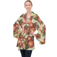 Flowers Leaves Pattern Flora Botany Drawing Art Long Sleeve Velvet Kimono  by Ravend