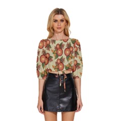 Flowers Leaves Pattern Flora Botany Drawing Art Mid Sleeve Drawstring Hem Top by Ravend