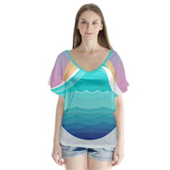 Tsunami Tidal Wave Wave Minimalist Ocean Sea V-neck Flutter Sleeve Top by Pakemis