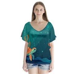 Ai Generated Ocean Sea Fish Aquatic Water Nature 5 V-neck Flutter Sleeve Top by Pakemis
