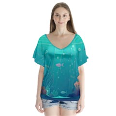 Ai Generated Ocean Sea Fish Aquatic Water Nature 3 V-neck Flutter Sleeve Top by Pakemis