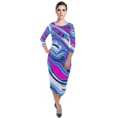 Fluid Art Pattern Quarter Sleeve Midi Velour Bodycon Dress by GardenOfOphir