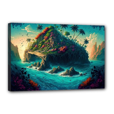 Tropical Island Paradise Ocean Sea Palm Trees Canvas 18  X 12  (stretched) by Pakemis