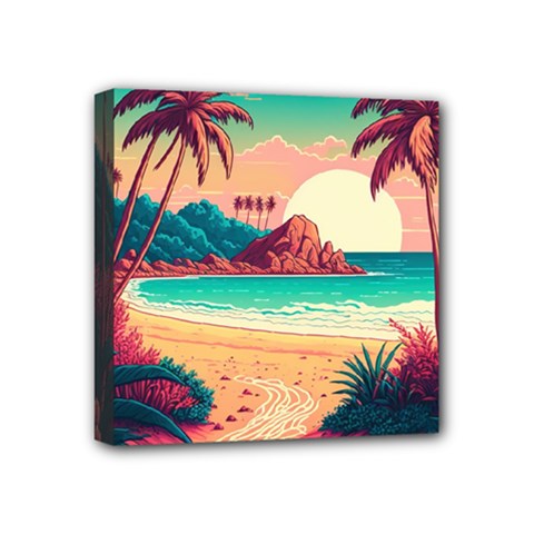 Palm Trees Tropical Ocean Sunset Sunrise Landscape Mini Canvas 4  X 4  (stretched) by Pakemis