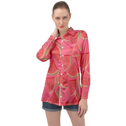Watermelon Background Watermelon Wallpaper Long Sleeve Satin Shirt by Wegoenart
