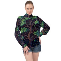 Tree Nature Cartoon Drawing Comic High Neck Long Sleeve Chiffon Top by Jancukart