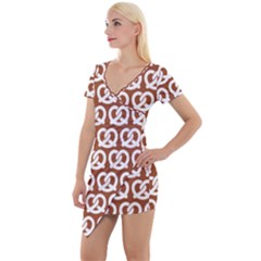 Brown Pretzel Illustrations Pattern Short Sleeve Asymmetric Mini Dress by GardenOfOphir