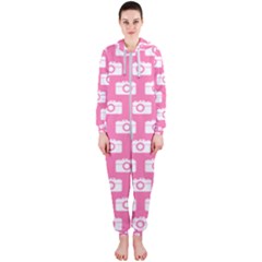 Pink Modern Chic Vector Camera Illustration Pattern Hooded Jumpsuit (ladies) by GardenOfOphir