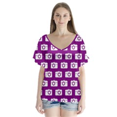 Modern Chic Vector Camera Illustration Pattern V-neck Flutter Sleeve Top by GardenOfOphir