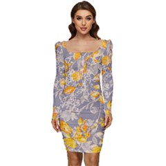 Fabric Floral Background Women Long Sleeve Ruched Stretch Jersey Dress by Jancukart