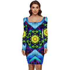 Abstract Kaleidoscope Digital Women Long Sleeve Ruched Stretch Jersey Dress by Jancukart
