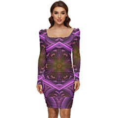 Rosette Mosaic Kaleidoscope Abstract Background Women Long Sleeve Ruched Stretch Jersey Dress by Jancukart
